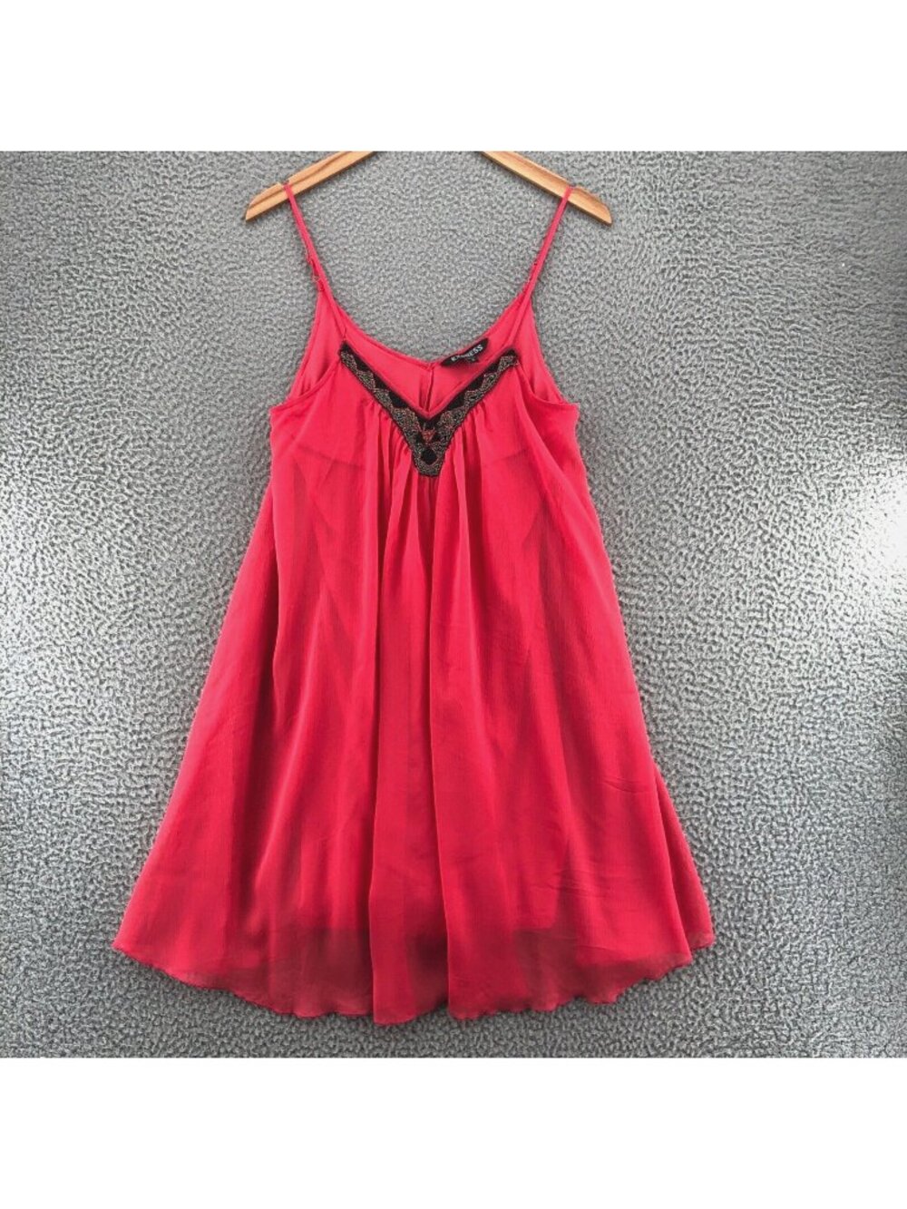 Express Dress Womens Small Pink Swing Slip Mini Beaded Gauzy Spaghetti Straps